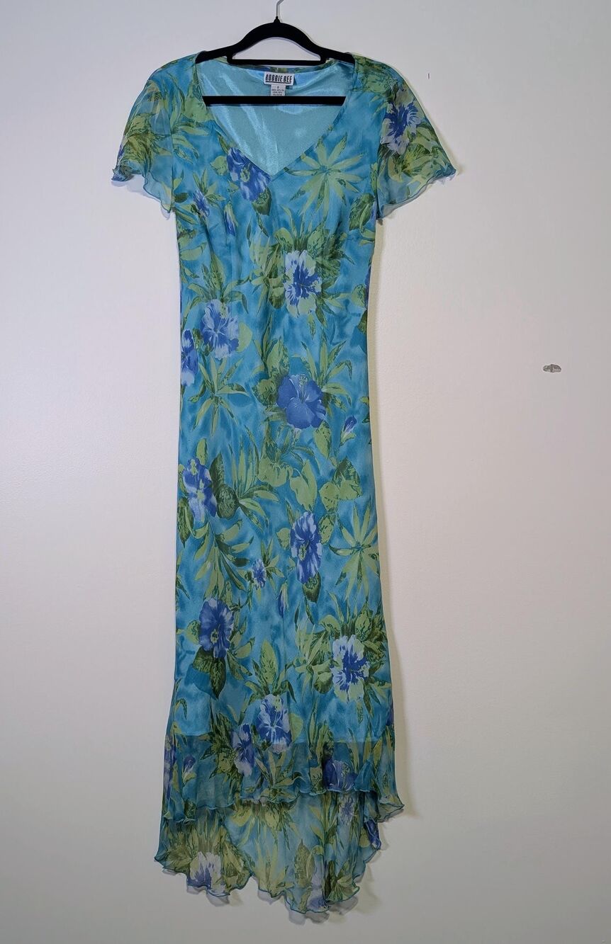 Vintage Silk Floral Midi Slip Dress8 Blue Bias Cut Y2K Romantic Whimsigoth - Picture 4 of 10